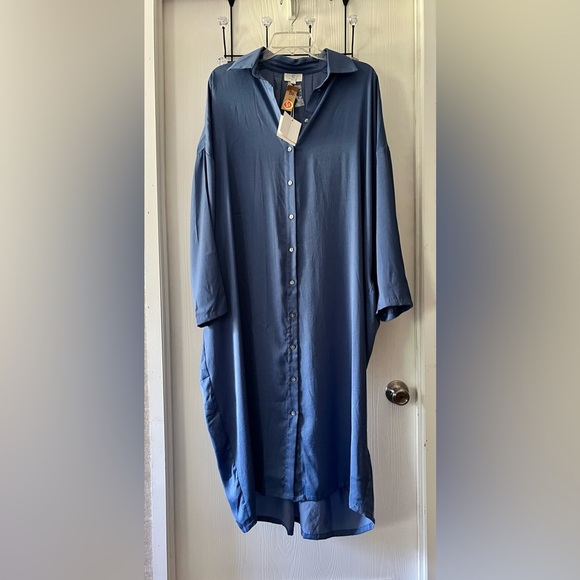 P. cill - Sky Blue Satin Button-Up Boyfriend Dress - Picture 1 of 8